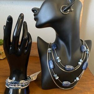 New wrap around bracelet Blue and Silver, NYC Layered Necklace, earrings